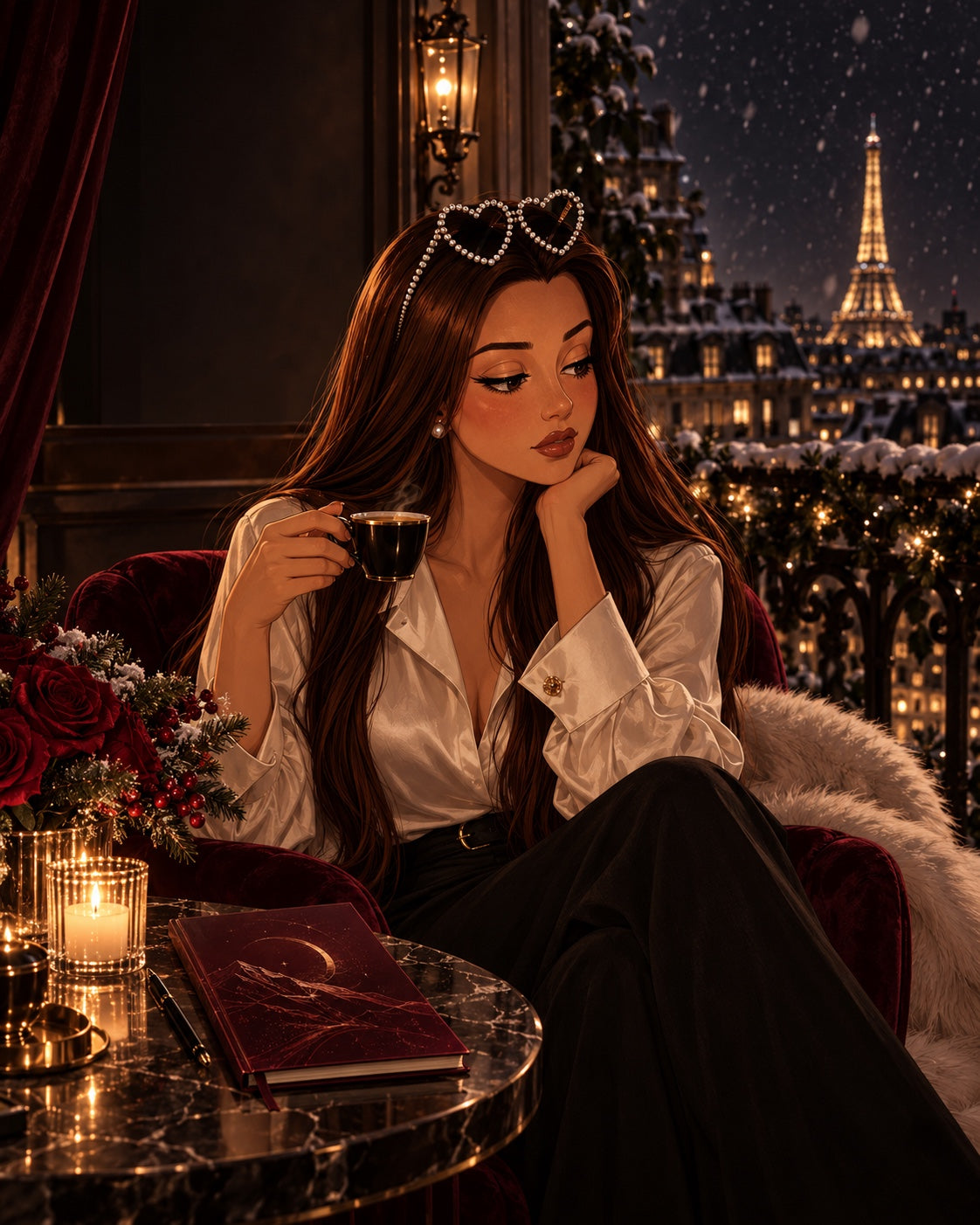 Winter Arc Era Fatale — personnage avec café dans un décor parisien enneigé