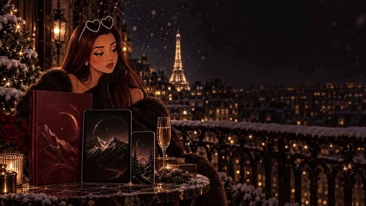 Winter Arc Era Fatale — personnage et ebook sur terrasse enneigée à Paris