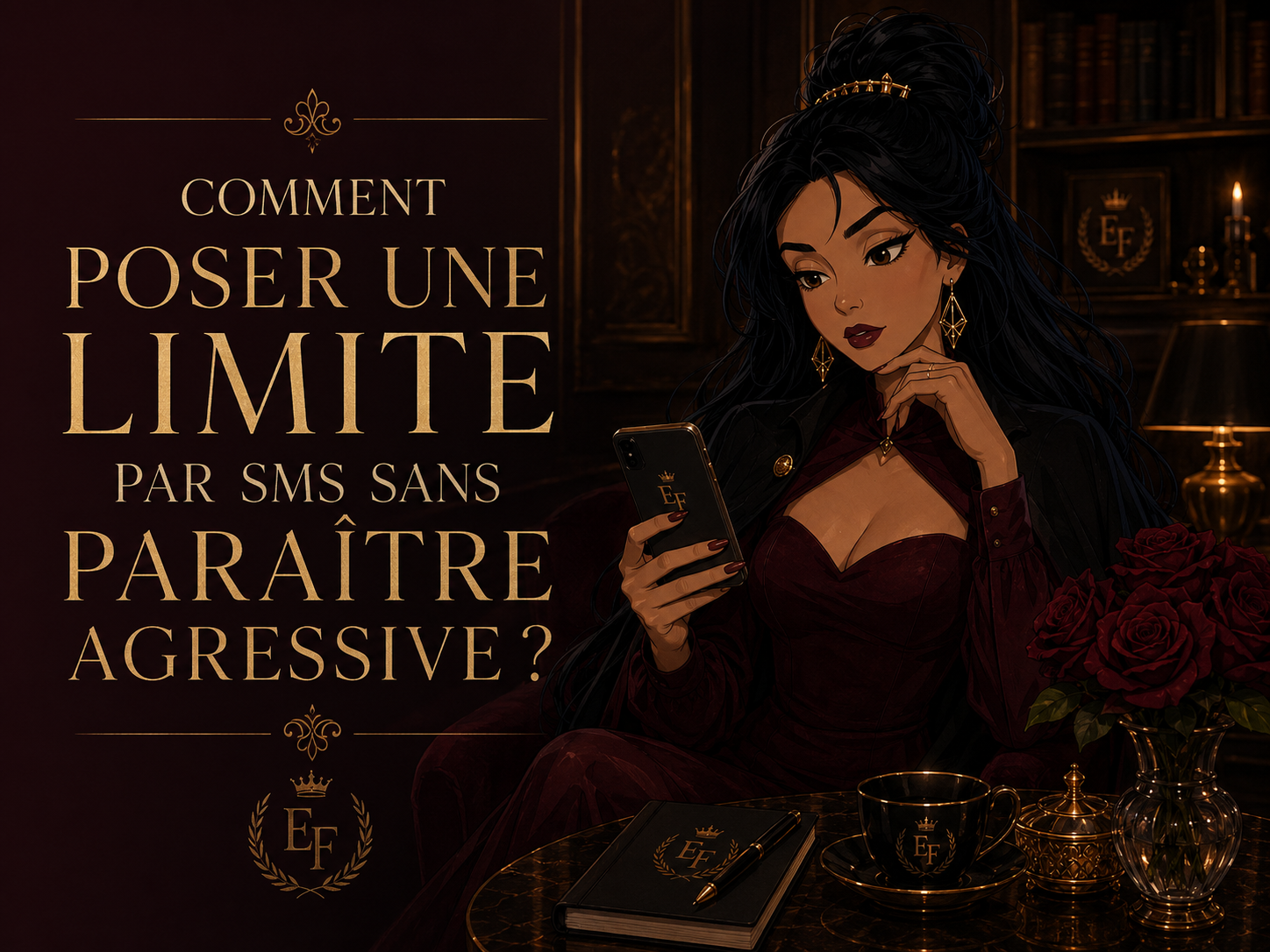 Femme consultant son téléphone pour poser une limite par SMS avec calme