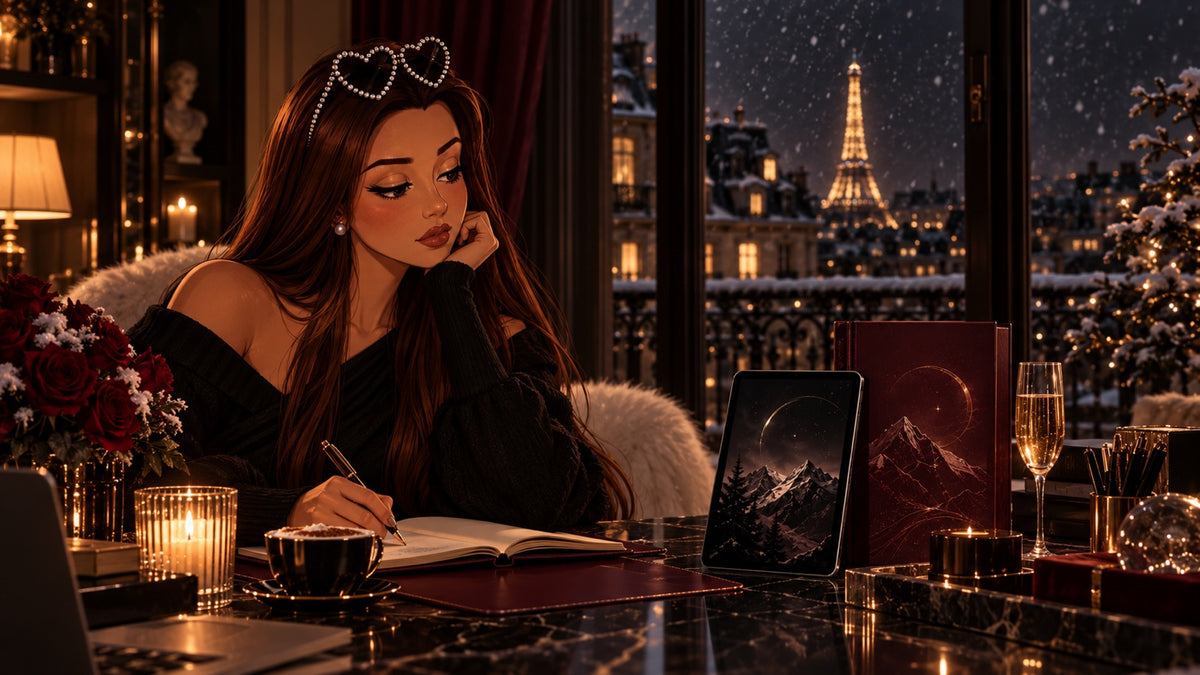 Winter Arc Era Fatale — personnage écrivant devant Paris enneigé